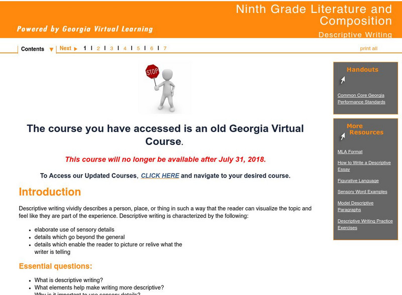 Ga Virtual Learning: Ninth Grade Literature and Composition: Descriptive Writing Unit Plan Ga Virtual Learning: Ninth Grade Literature and Composition: Descriptive Writing Unit Plan