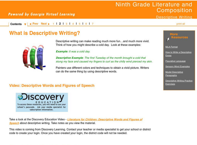 Ga Virtual Learning: Descriptive Writing: What Is Descriptive Writing? Unit Plan Ga Virtual Learning: Descriptive Writing: What Is Descriptive Writing? Unit Plan