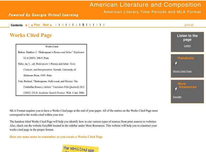 Ga Virtual Learning: Am Literary Time Periods and Mla Format: Works Cited Page Unit Plan Ga Virtual Learning: Am Literary Time Periods and Mla Format: Works Cited Page Unit Plan