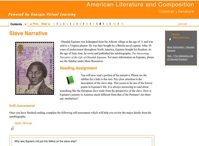Ga Virtual Learning: Colonial Literature: Slave Narratives Unit Plan Ga Virtual Learning: Colonial Literature: Slave Narratives Unit Plan