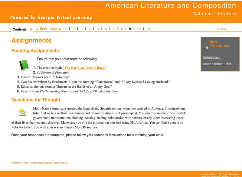 Ga Virtual Learning: Colonial Literature Assignments Unit Plan Ga Virtual Learning: Colonial Literature Assignments Unit Plan