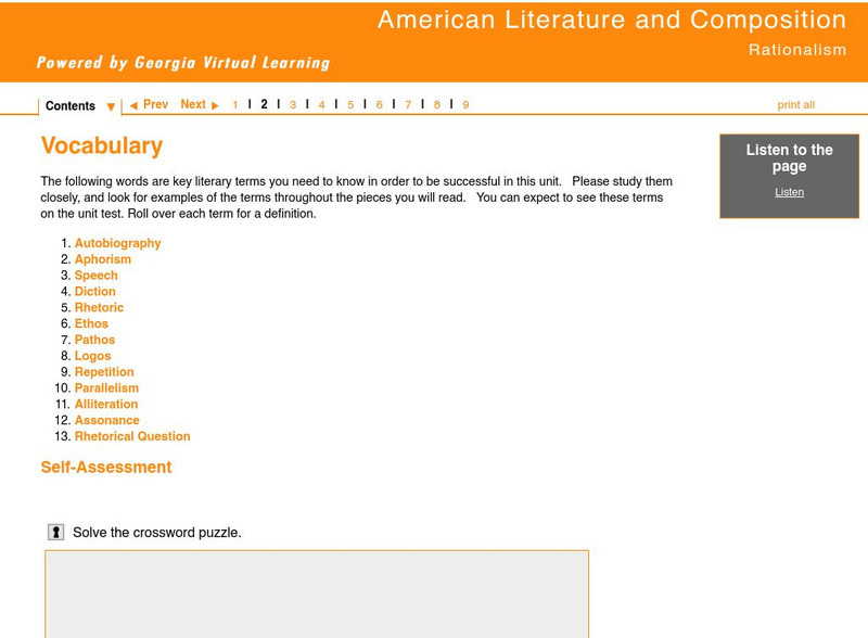 Ga Virtual Learning: American Literature and Comp: Rationalism: Vocabulary Unit Plan Ga Virtual Learning: American Literature and Comp: Rationalism: Vocabulary Unit Plan