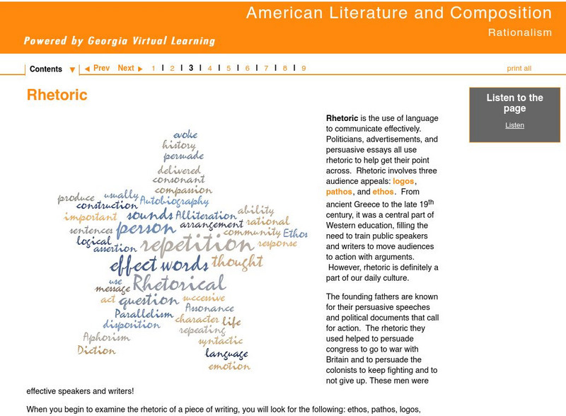 Ga Virtual Learning: American Literature and Composition: Rationalism: Rhetoric Unit Plan Ga Virtual Learning: American Literature and Composition: Rationalism: Rhetoric Unit Plan