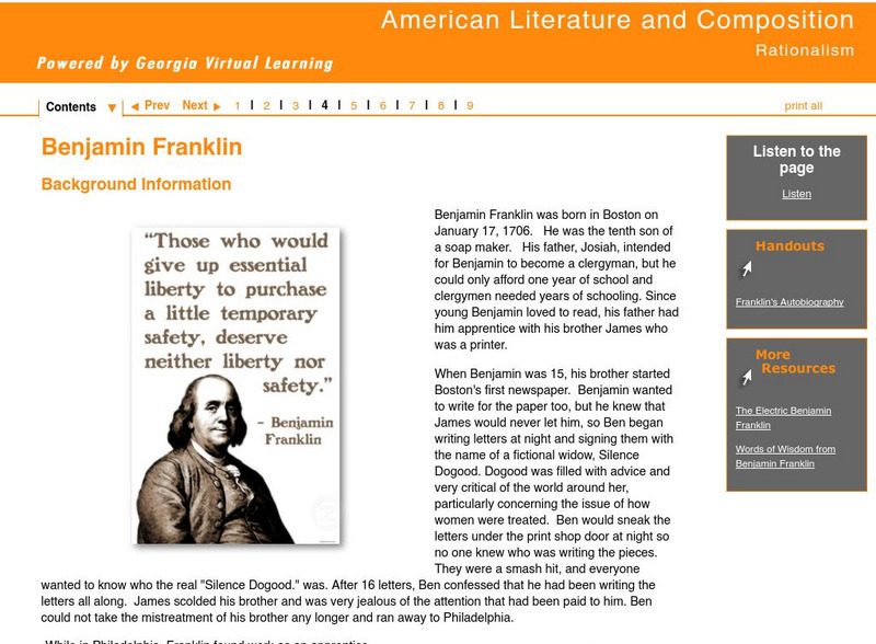 Ga Virtual Learning:american Literature and Comp:rationalism: Benjamin Franklin Unit Plan Ga Virtual Learning:american Literature and Comp:rationalism: Benjamin Franklin Unit Plan