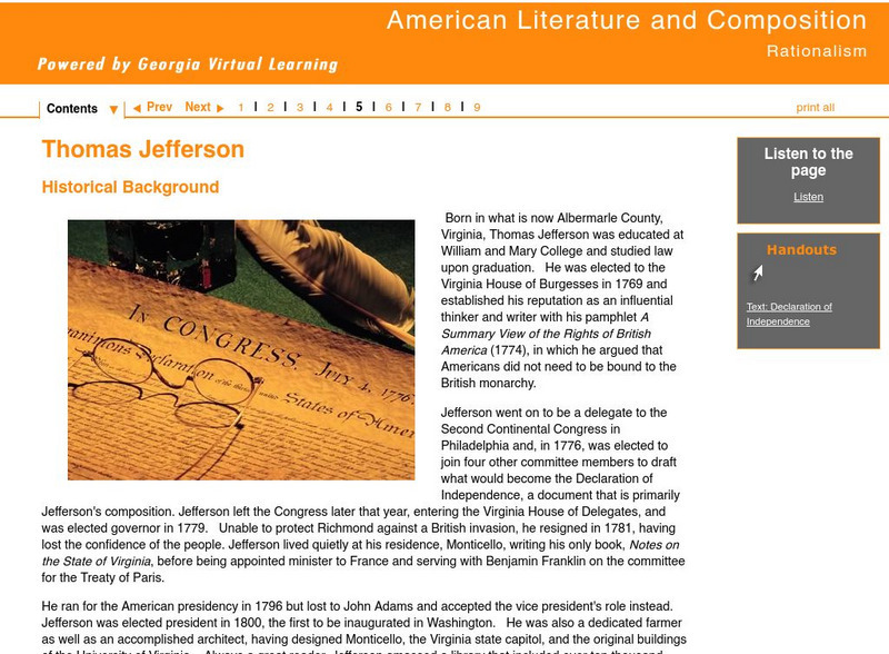 Ga Virtual Learning: American Lit and Comp: Rationalism:thomas Jefferson Unit Plan Ga Virtual Learning: American Lit and Comp: Rationalism:thomas Jefferson Unit Plan