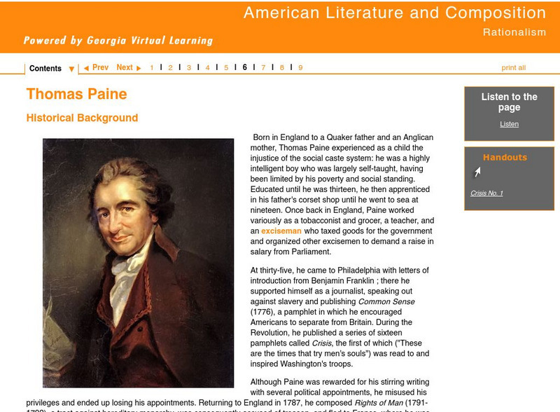 Ga Virtual Learning:american Literature and Comp: Rationalism:thomas Paine Unit Plan