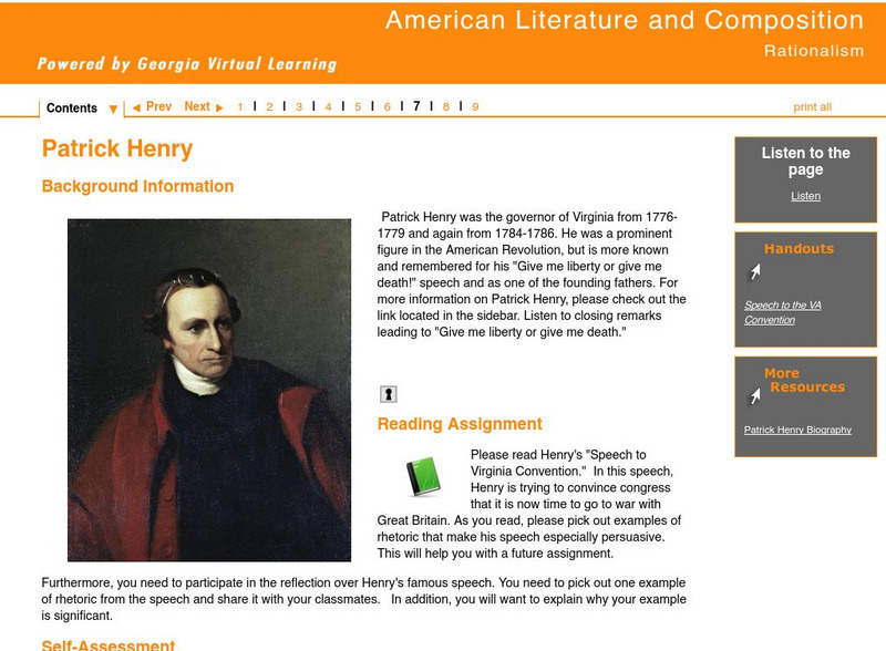 Ga Virtual Learning: American Literature and Com: Rationalism: Patrick Henry Unit Plan