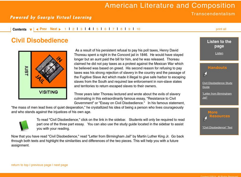 Ga Virtual Learning: American Transcendentalism: Civil Disobedience Unit Plan Ga Virtual Learning: American Transcendentalism: Civil Disobedience Unit Plan