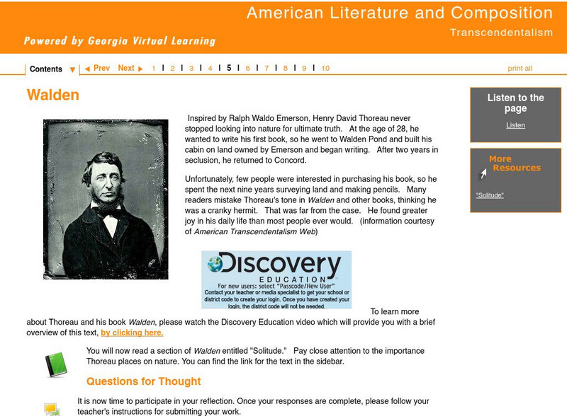 Ga Virtual Learning: American Literature: Transcendentalism: Walden Unit Plan Ga Virtual Learning: American Literature: Transcendentalism: Walden Unit Plan