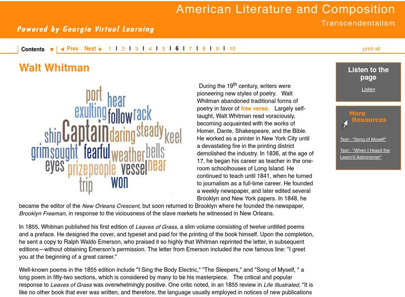 Ga Virtual Learning: American Literature: Transcendentalism: Walt Whitman Unit Plan Ga Virtual Learning: American Literature: Transcendentalism: Walt Whitman Unit Plan