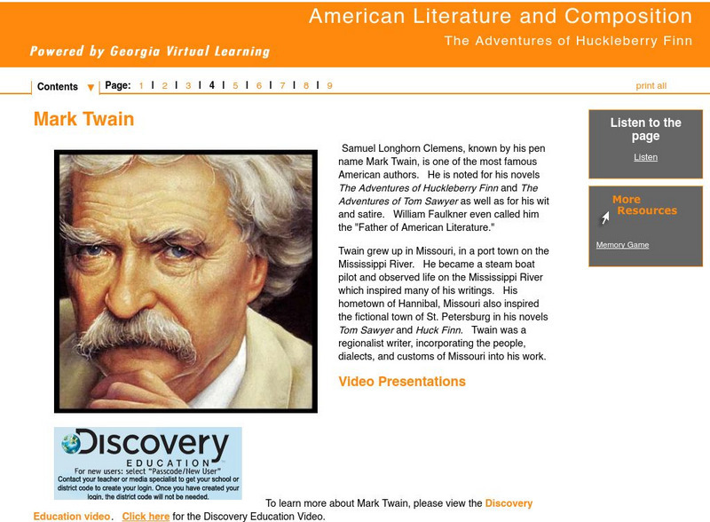 Ga Virtual Learning:american Lit: The Adventures of Huckleberry Finn: Mark Twain Unit Plan Ga Virtual Learning:american Lit: The Adventures of Huckleberry Finn: Mark Twain Unit Plan