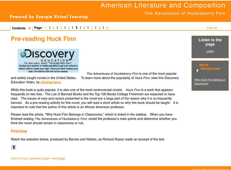 Ga Virtual Learning: The Adventures of Huckleberry Finn: Pre Reading Huck Finn Unit Plan Ga Virtual Learning: The Adventures of Huckleberry Finn: Pre Reading Huck Finn Unit Plan