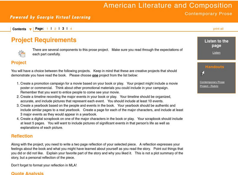 Ga Virtual Learning:american Literature:contemporary Prose: Project Requirements Unit Plan Ga Virtual Learning:american Literature:contemporary Prose: Project Requirements Unit Plan