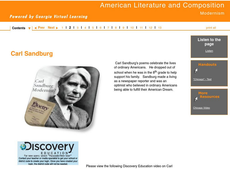 Ga Virtual Learning:american Literature and Composition: Modernism:carl Sandburg Unit Plan Ga Virtual Learning:american Literature and Composition: Modernism:carl Sandburg Unit Plan