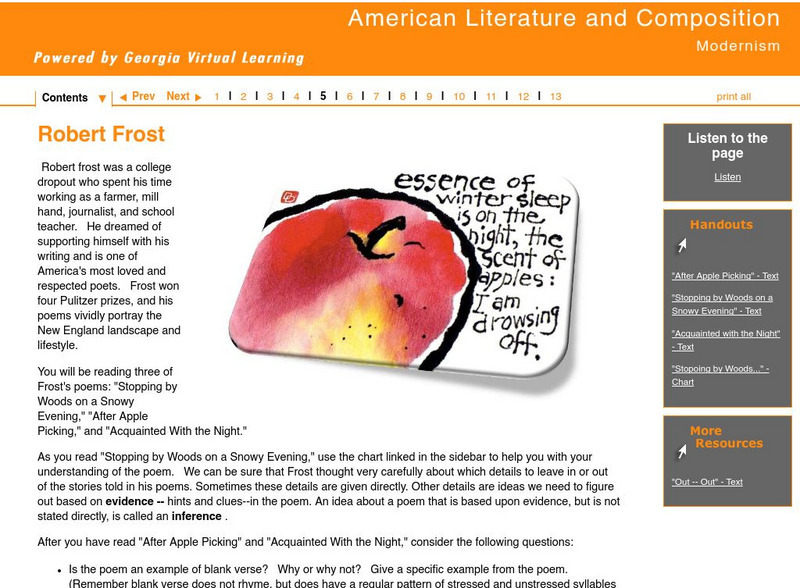 Ga Virtual Learning:american Literature and Composition: Modernism: Robert Frost Unit Plan Ga Virtual Learning:american Literature and Composition: Modernism: Robert Frost Unit Plan