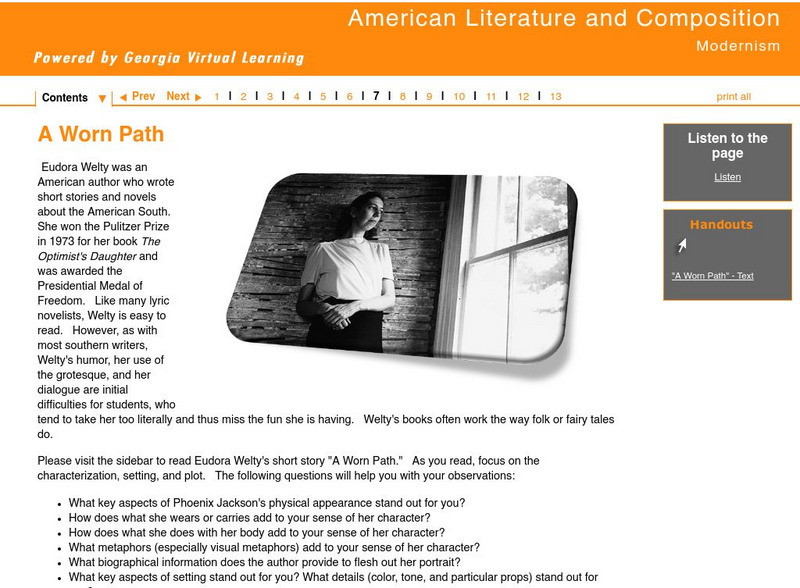Ga Virtual Learning: American Literature and Composition: Modernism: A Worn Path Unit Plan Ga Virtual Learning: American Literature and Composition: Modernism: A Worn Path Unit Plan