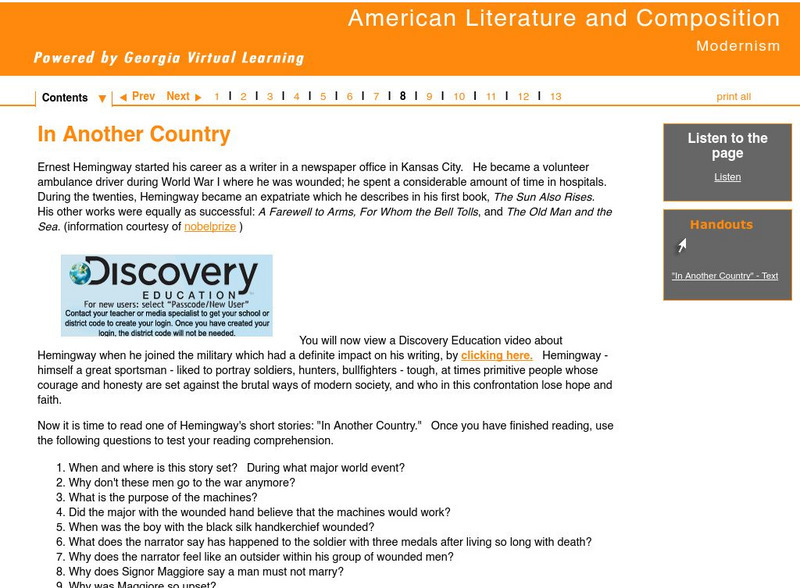 Ga Virtual Learning: American Literature: Modernism: In Another Country Unit Plan Ga Virtual Learning: American Literature: Modernism: In Another Country Unit Plan
