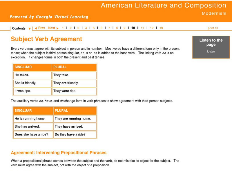Ga Virtual Learning: American Lit and Comp: Modernism: Subject Verb Agreement Unit Plan Ga Virtual Learning: American Lit and Comp: Modernism: Subject Verb Agreement Unit Plan