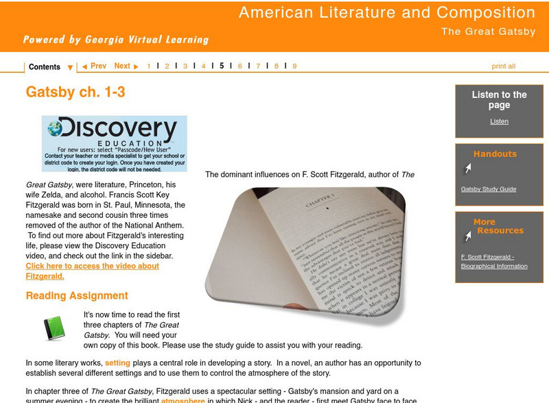 Ga Virtual Learning: American Literature: The Great Gatsby: Chapters 1 3 Unit Plan