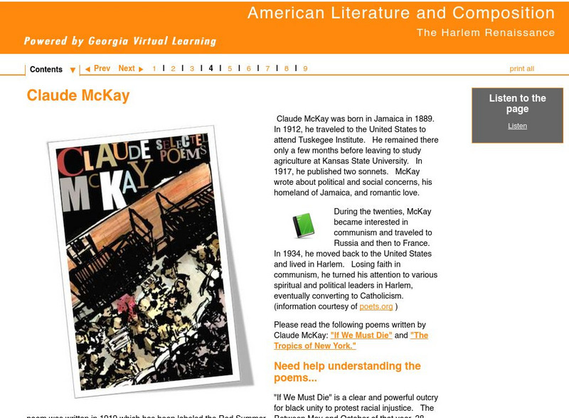 Ga Virtual Learning: American Literature: The Harlem Renaissance: Claude Mc Kay Unit Plan Ga Virtual Learning: American Literature: The Harlem Renaissance: Claude Mc Kay Unit Plan