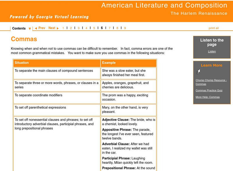 Ga Virtual Learning: American Lit and Comp: The Harlem Renaissance: Commas Unit Plan Ga Virtual Learning: American Lit and Comp: The Harlem Renaissance: Commas Unit Plan
