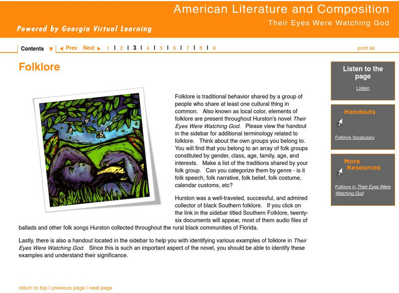 Ga Virtual Learning:american Lit and Comp:their Eyes Were Watching God: Folklore Unit Plan Ga Virtual Learning:american Lit and Comp:their Eyes Were Watching God: Folklore Unit Plan