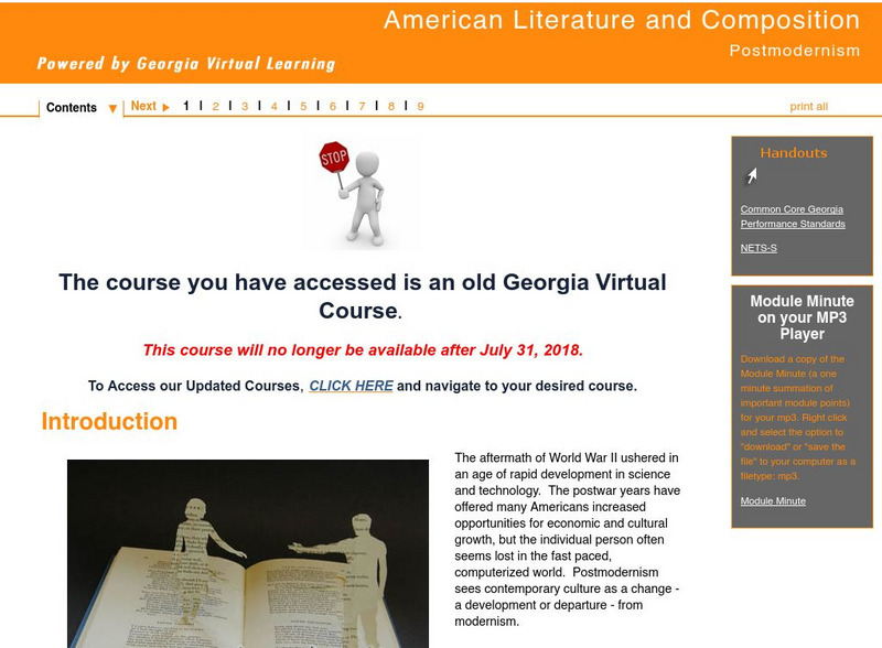 Ga Virtual Learning: American Literature and Composition: Postmodernism Unit Plan Ga Virtual Learning: American Literature and Composition: Postmodernism Unit Plan