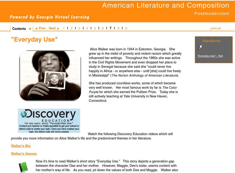 Ga Virtual Learning: American Literature: Postmodernism: "Everyday Use" Unit Plan Ga Virtual Learning: American Literature: Postmodernism: "Everyday Use" Unit Plan