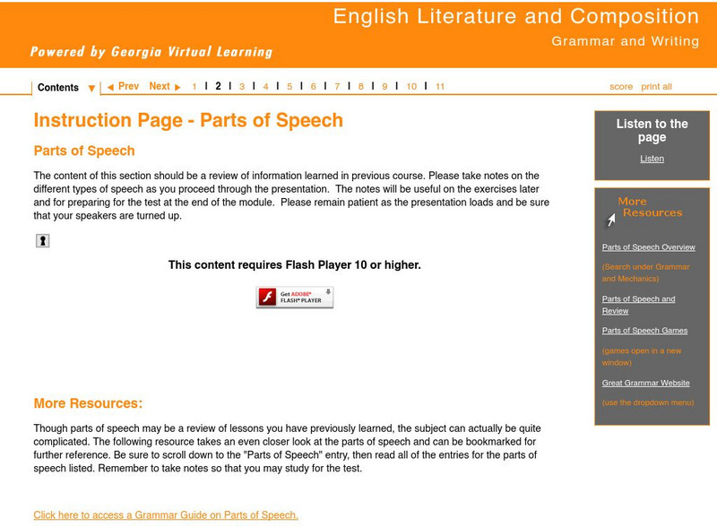 Ga Virtual Learning: Grammar and Writing: Instruction Page: Parts of Speech Unit Plan Ga Virtual Learning: Grammar and Writing: Instruction Page: Parts of Speech Unit Plan