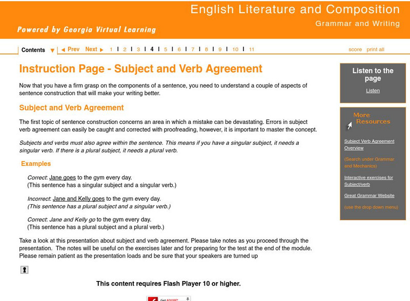 Ga Virtual Learning:grammar and Writing: Instruction: Subject and Verb Agreement Unit Plan Ga Virtual Learning:grammar and Writing: Instruction: Subject and Verb Agreement Unit Plan