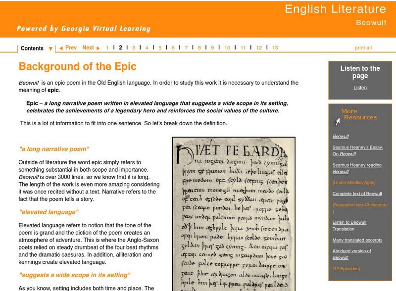 Ga Virtual Learning: Beowulf: Background of the Epic Unit Plan Ga Virtual Learning: Beowulf: Background of the Epic Unit Plan