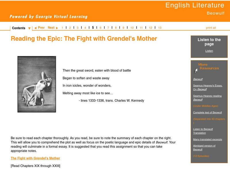 Ga Virtual Learning: Beowulf: Reading the Epic: The Fight With Grendel's Mother Unit Plan Ga Virtual Learning: Beowulf: Reading the Epic: The Fight With Grendel's Mother Unit Plan