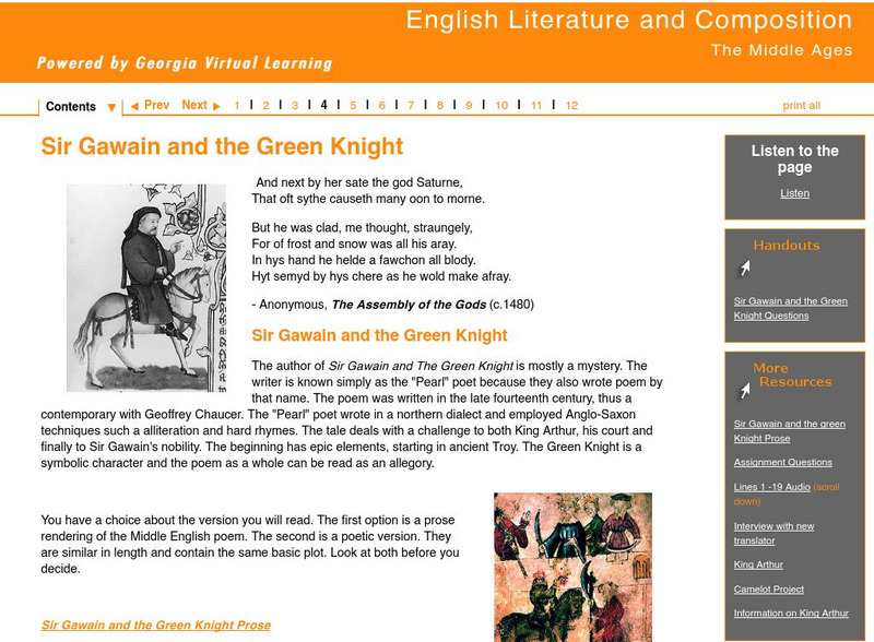 Ga Virtual Learning: Middle Ages: Sir Gawain and the Green Knight Unit Plan Ga Virtual Learning: Middle Ages: Sir Gawain and the Green Knight Unit Plan