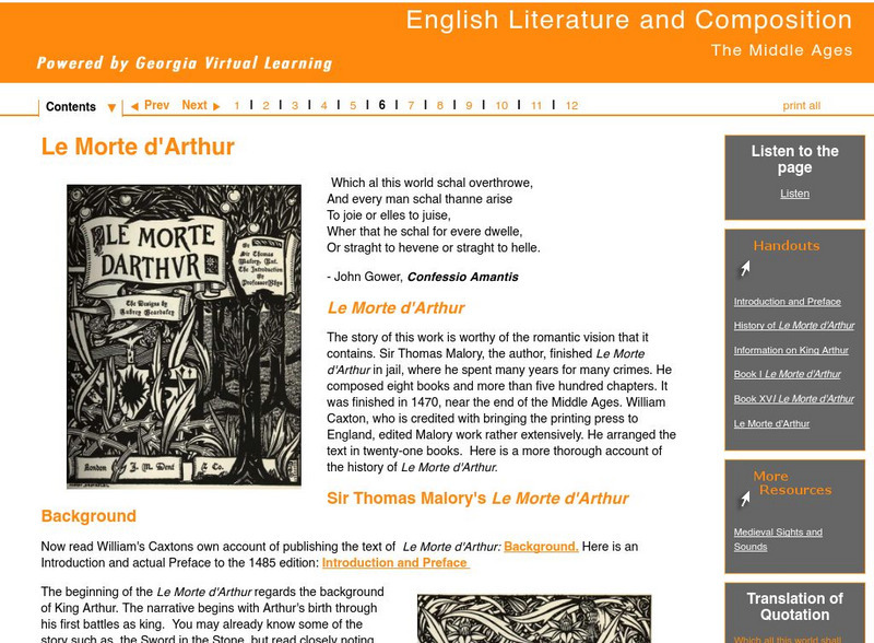 Ga Virtual Learning: The Middle Ages: Le Morte D'arthur Unit Plan
