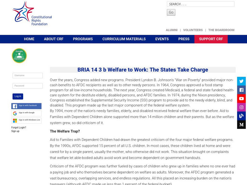 Constitutional Rights Foundation: Welfare to Work: The States Take Charge Lesson Plan Constitutional Rights Foundation: Welfare to Work: The States Take Charge Lesson Plan