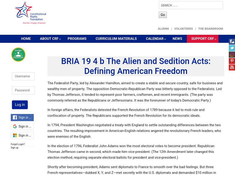Constitutional Rights Foundation: The Alien and Sedition Acts: Defining American Freedom Lesson Plan Constitutional Rights Foundation: The Alien and Sedition Acts: Defining American Freedom Lesson Plan