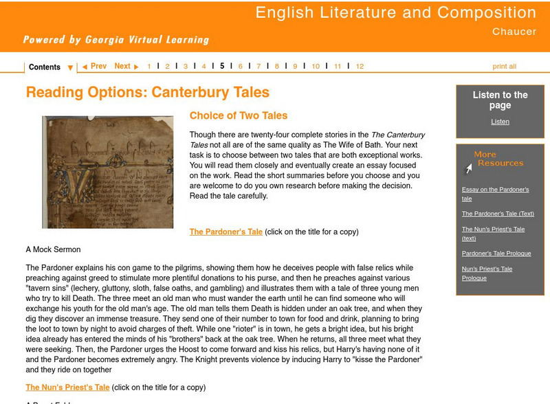 Ga Virtual Learning: Chaucer: Reading Options: Canterbury Tales Unit Plan Ga Virtual Learning: Chaucer: Reading Options: Canterbury Tales Unit Plan