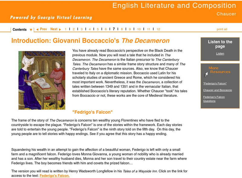 Ga Virtual Learning: Chaucer: Introduction: Giovanni Boccaccio's the Decameron Unit Plan Ga Virtual Learning: Chaucer: Introduction: Giovanni Boccaccio's the Decameron Unit Plan