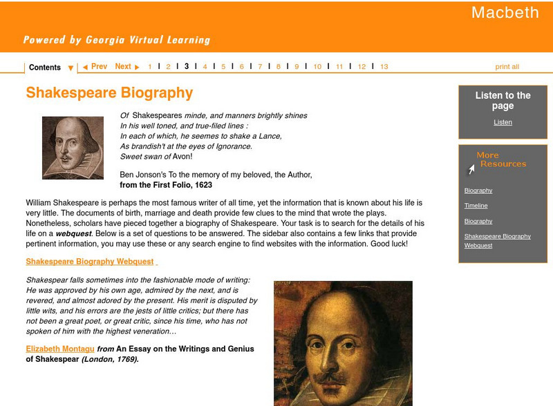 Ga Virtual Learning: Shakespeare Biography Unit Plan Ga Virtual Learning: Shakespeare Biography Unit Plan