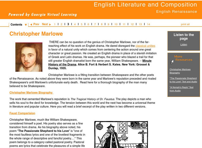 Ga Virtual Learning: English Renaissance: Christopher Marlowe Unit Plan