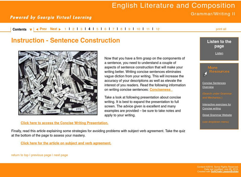 Ga Virtual Learning: Grammar/writing Ii: Instruction: Sentence Construction Unit Plan Ga Virtual Learning: Grammar/writing Ii: Instruction: Sentence Construction Unit Plan
