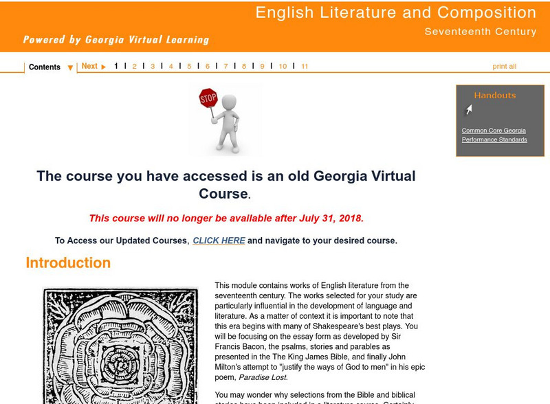 Ga Virtual Learning: Seventeenth Century British Literature: Introduction Unit Plan Ga Virtual Learning: Seventeenth Century British Literature: Introduction Unit Plan