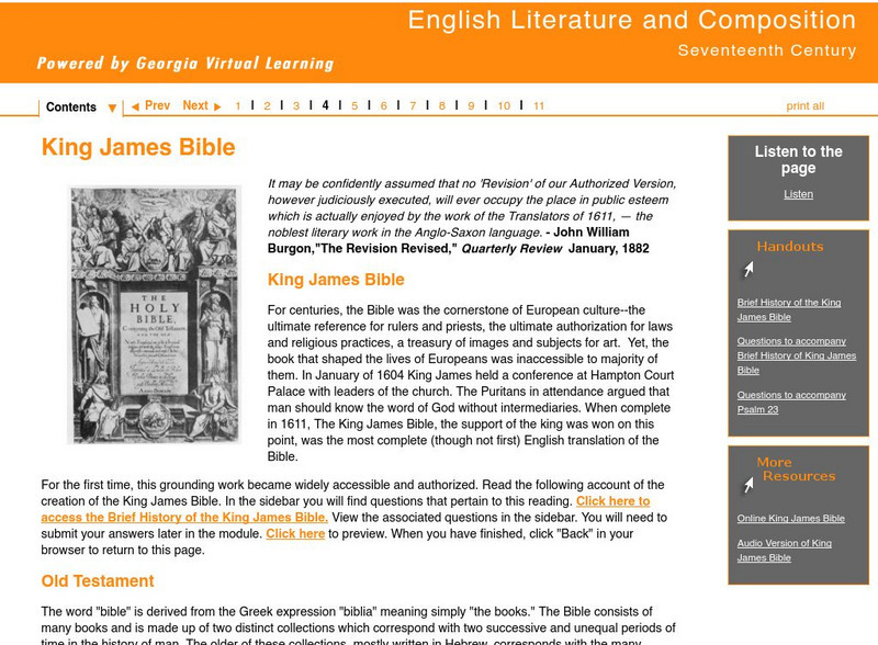 Ga Virtual Learning: Seventeenth Century British Literature: King James Bible Unit Plan Ga Virtual Learning: Seventeenth Century British Literature: King James Bible Unit Plan