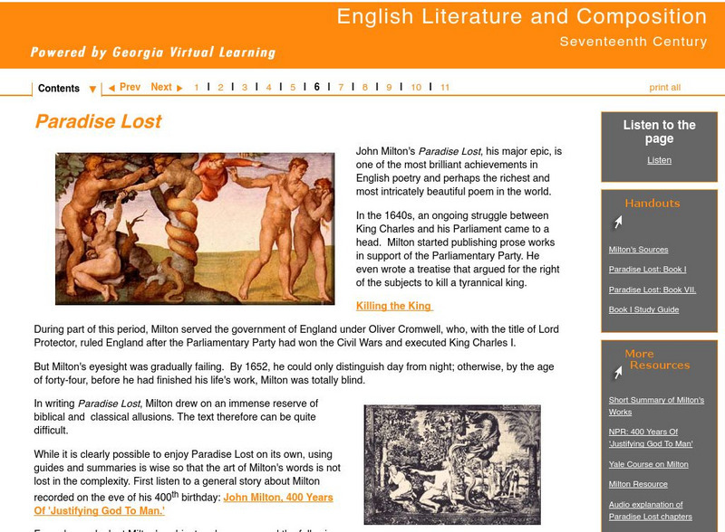 Ga Virtual Learning: Seventeenth Century British Literature: Paradise Lost Unit Plan Ga Virtual Learning: Seventeenth Century British Literature: Paradise Lost Unit Plan