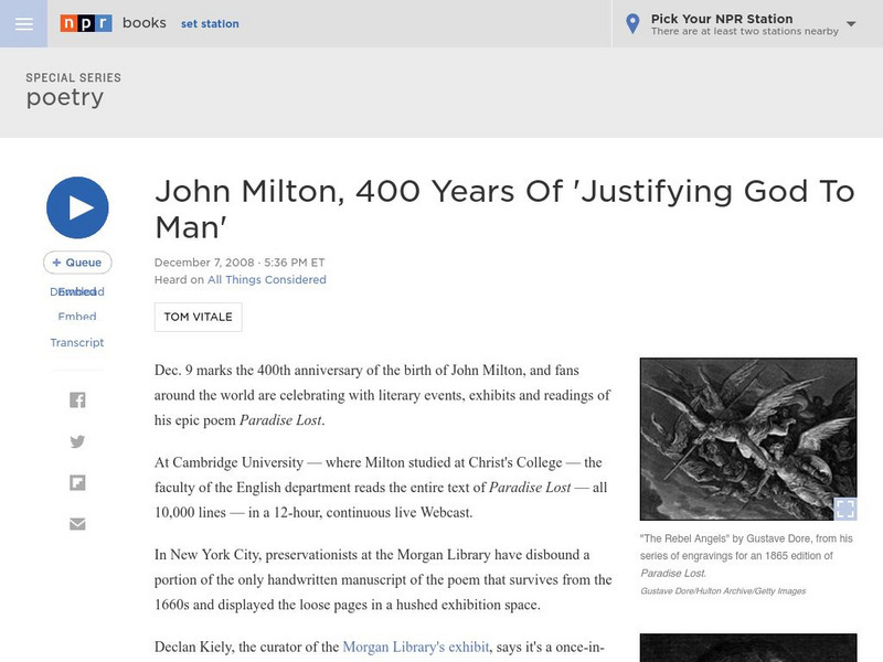 Npr: Poetry: John Milton, 400 Years of 'Justifying God to Man' Article Npr: Poetry: John Milton, 400 Years of 'Justifying God to Man' Article