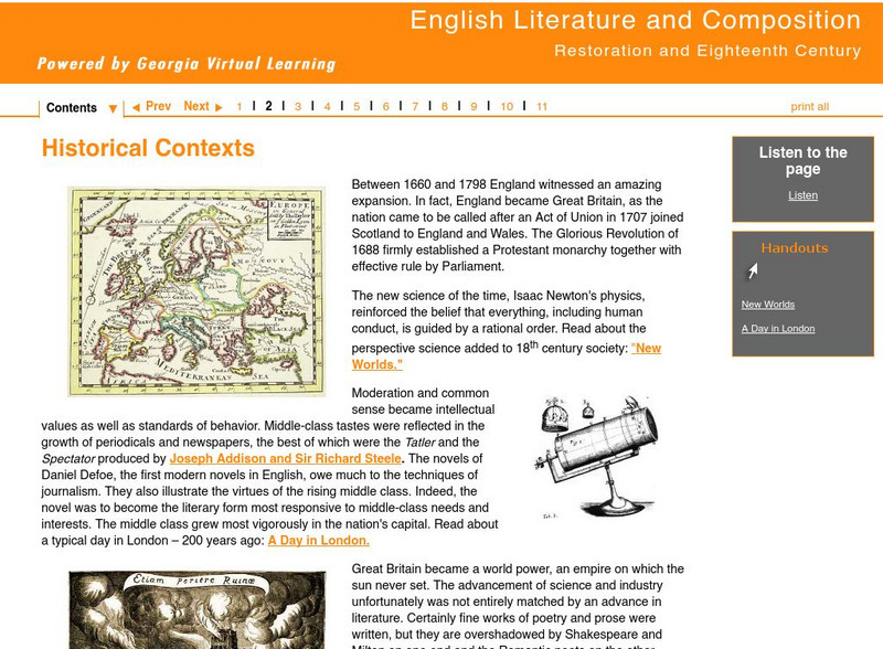 Ga Virtual Learning: Restoration and Eighteenth Century: Historical Contexts Unit Plan Ga Virtual Learning: Restoration and Eighteenth Century: Historical Contexts Unit Plan