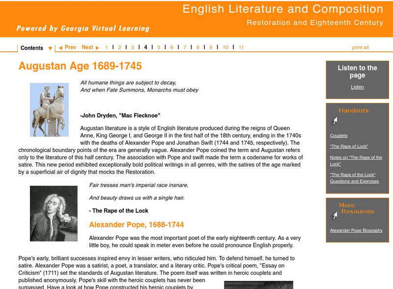 Ga Virtual Learning: Restoration and Eighteenth Century: Augustan Age 1689 1745 Unit Plan Ga Virtual Learning: Restoration and Eighteenth Century: Augustan Age 1689 1745 Unit Plan