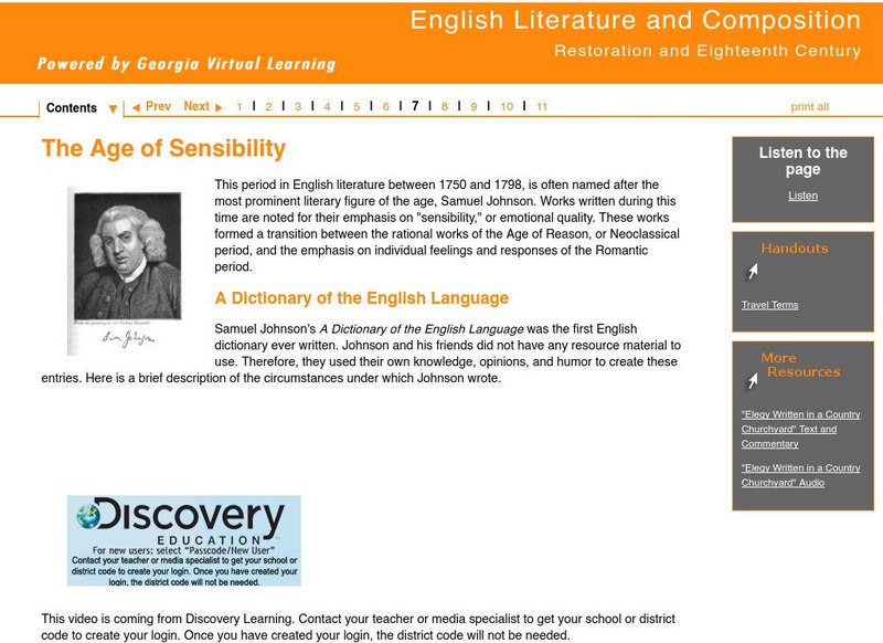 Ga Virtual Learning: Restoration and Eighteenth Century: The Age of Sensibility Unit Plan