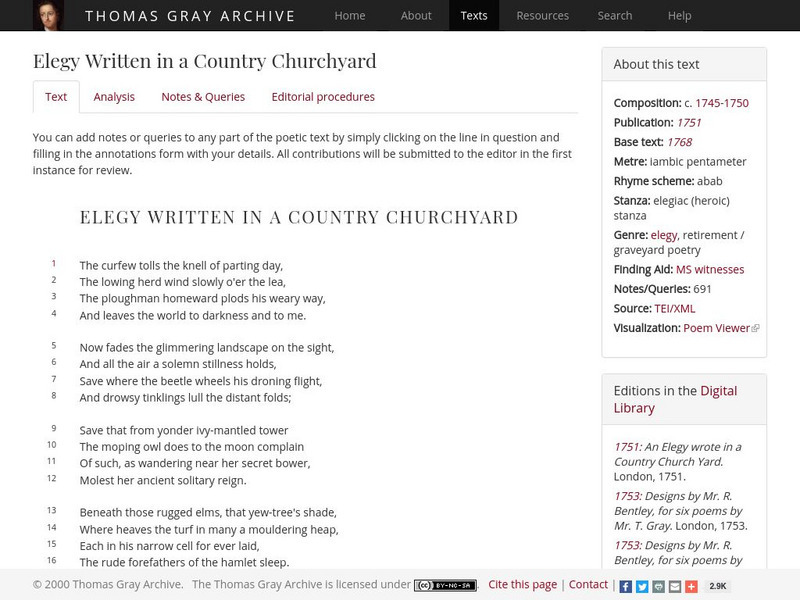 Thomas Gray Archive: "Elegy Written in a Country Churchyard" by Thomas Gray Primary