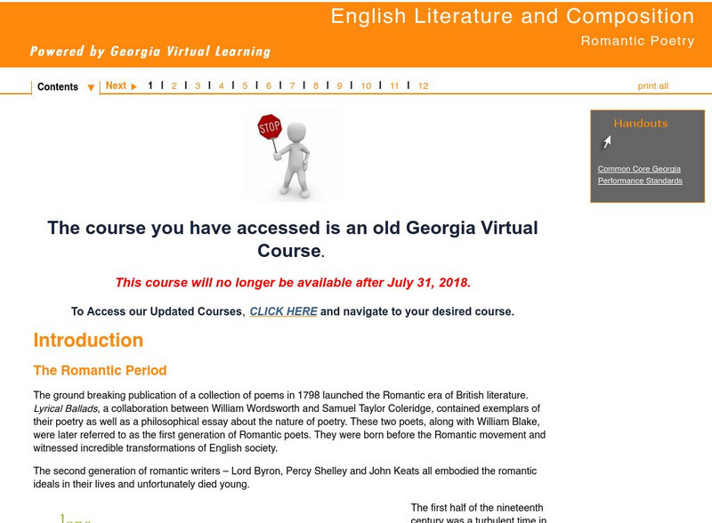 Ga Virtual Learning: Romantic Poetry: Introduction: The Romantic Period Unit Plan Ga Virtual Learning: Romantic Poetry: Introduction: The Romantic Period Unit Plan